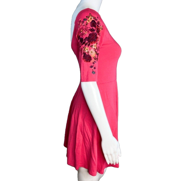 Free People Dress Womens XS Pink Garden Sleeve Embroidered Skater Dress Bohemian - Picture 2 of 7
